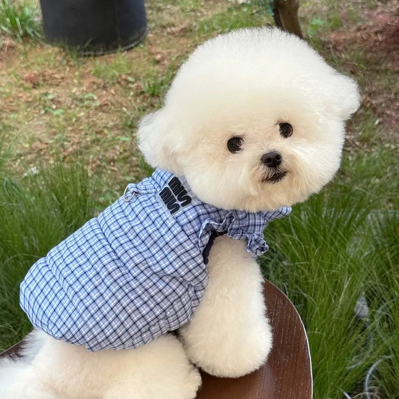 Dog Clothes with Traction Buckle Cute Winter Teddy Coat Pomeranian Fashionable Checked Jacket Maltese Thickened Clothing