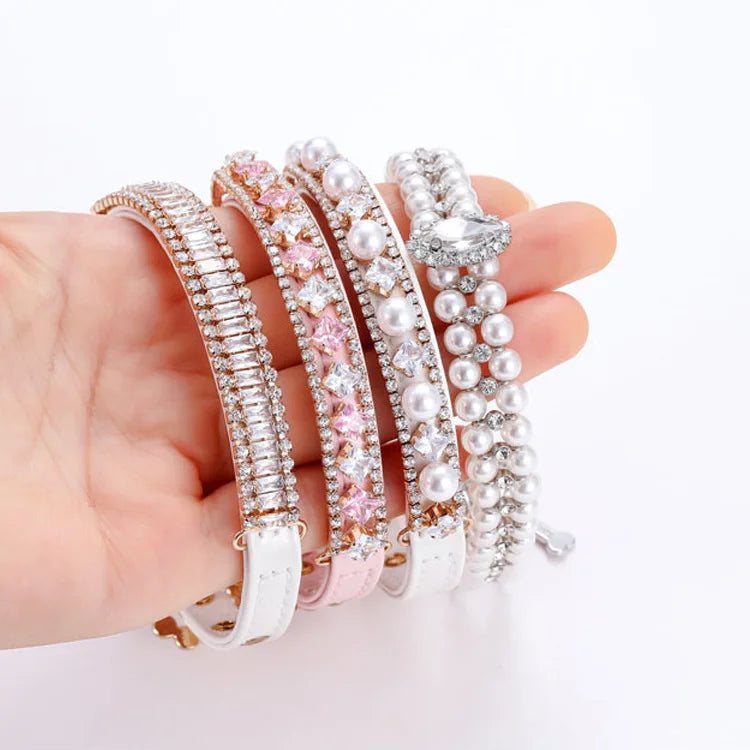 Rhinestones Dog Collar Luxury Designer Pearl Cat Necklace Adjustable Neck Strap Bling Diamond Collar for Cat Puppy Accessories