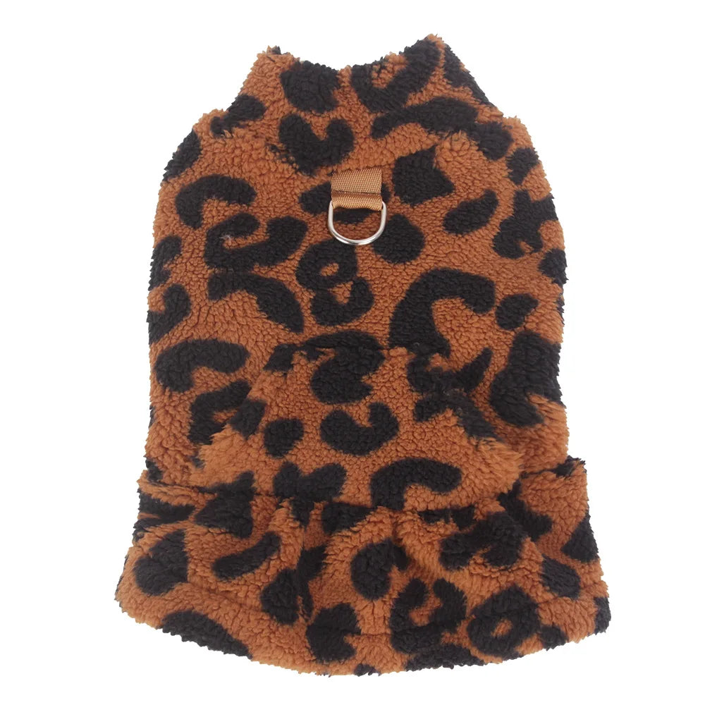 Leopard Dog Dress Coat Winter Fleece Pullover Sweatshirt Pet Clothes Sleeveless Vest Hoodies Puppy Skirt For Small Dogs Chihuahua