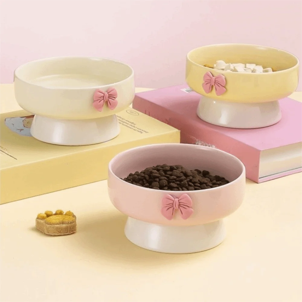 Cute Large Capacity Ceramic Cat Bowl Macaron Colors with Bow Anti-Spill Dog Bowl Non-Slip Base Pet Feeding Bowl For Puppy Cats