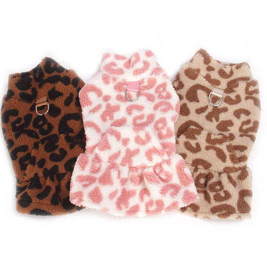 Leopard Dog Dress Coat Winter Fleece Pullover Sweatshirt Pet Clothes Sleeveless Vest Hoodies Puppy Skirt For Small Dogs Chihuahua