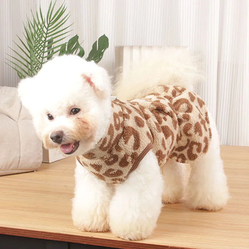 Leopard Dog Dress Coat Winter Fleece Pullover Sweatshirt Pet Clothes Sleeveless Vest Hoodies Puppy Skirt For Small Dogs Chihuahua