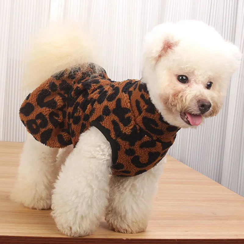 Leopard Dog Dress Coat Winter Fleece Pullover Sweatshirt Pet Clothes Sleeveless Vest Hoodies Puppy Skirt For Small Dogs Chihuahua