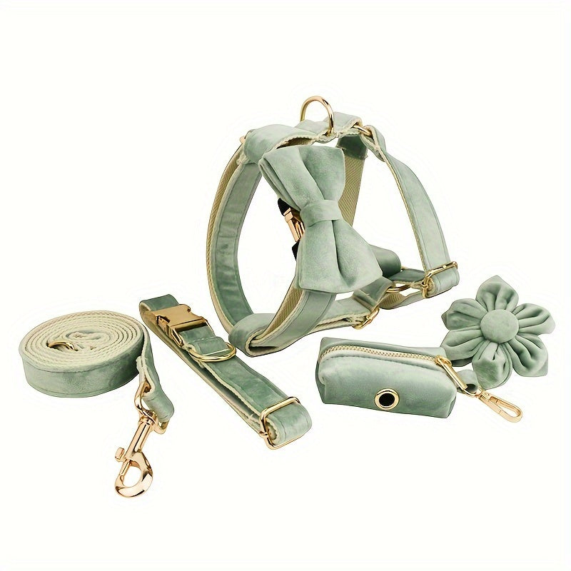 A Set Of 6 Pieces Of Dog Collar And Dog Leash Includes 1 Adjustable Soft Velvet Dog Collar, With 1 Flower, 1 Dog Leash, 1 Complimentary Poop Bag, 1 Detachable Bow Tie And A Dog Vest.