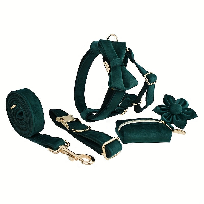 A Set Of 6 Pieces Of Dog Collar And Dog Leash Includes 1 Adjustable Soft Velvet Dog Collar, With 1 Flower, 1 Dog Leash, 1 Complimentary Poop Bag, 1 Detachable Bow Tie And A Dog Vest.