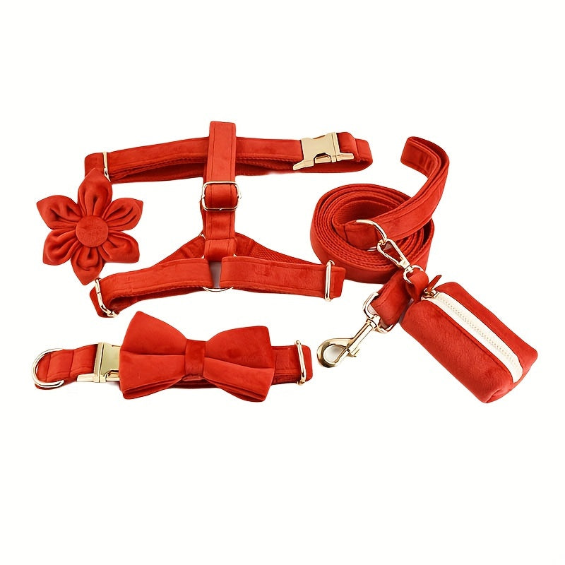 A Set Of 6 Pieces Of Dog Collar And Dog Leash Includes 1 Adjustable Soft Velvet Dog Collar, With 1 Flower, 1 Dog Leash, 1 Complimentary Poop Bag, 1 Detachable Bow Tie And A Dog Vest.