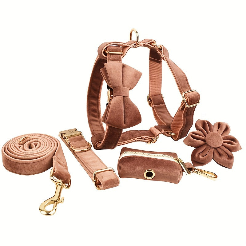 A Set Of 6 Pieces Of Dog Collar And Dog Leash Includes 1 Adjustable Soft Velvet Dog Collar, With 1 Flower, 1 Dog Leash, 1 Complimentary Poop Bag, 1 Detachable Bow Tie And A Dog Vest.