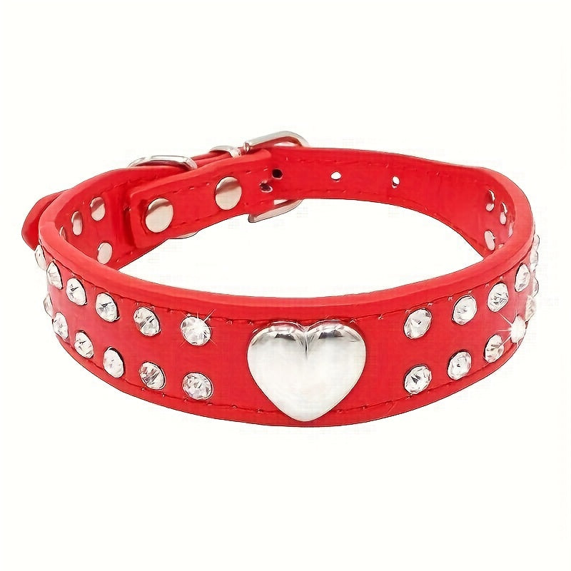 Small Dogs and Puppies Bling Heart Dog Collar - Durable Leather, Rhinestone Decor