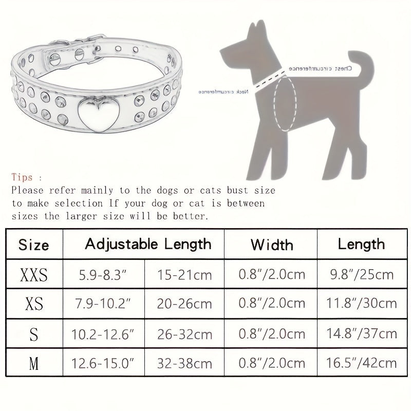 Small Dogs and Puppies Bling Heart Dog Collar - Durable Leather, Rhinestone Decor
