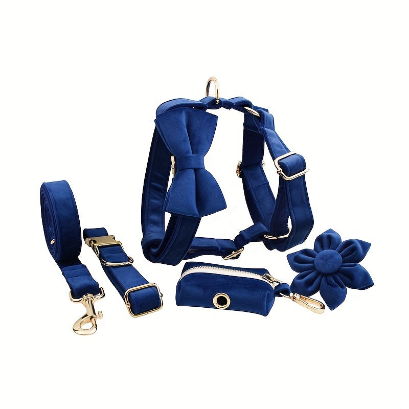 A Set Of 6 Pieces Of Dog Collar And Dog Leash Includes 1 Adjustable Soft Velvet Dog Collar, With 1 Flower, 1 Dog Leash, 1 Complimentary Poop Bag, 1 Detachable Bow Tie And A Dog Vest.