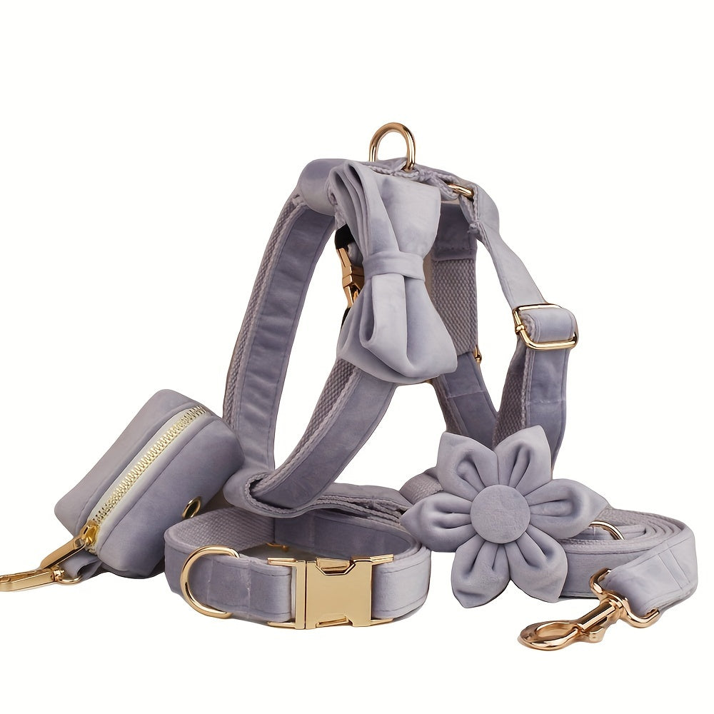 A Set Of 6 Pieces Of Dog Collar And Dog Leash Includes 1 Adjustable Soft Velvet Dog Collar, With 1 Flower, 1 Dog Leash, 1 Complimentary Poop Bag, 1 Detachable Bow Tie And A Dog Vest.