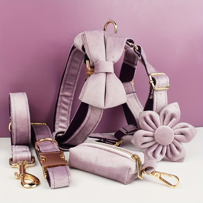 A Set Of 6 Pieces Of Dog Collar And Dog Leash Includes 1 Adjustable Soft Velvet Dog Collar, With 1 Flower, 1 Dog Leash, 1 Complimentary Poop Bag, 1 Detachable Bow Tie And A Dog Vest.