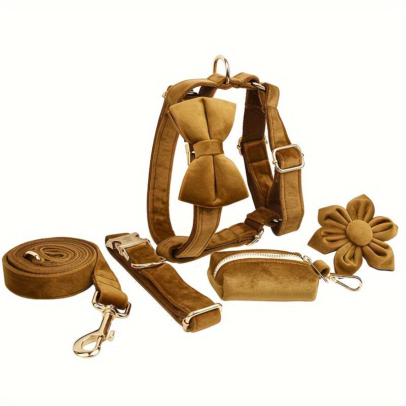 A Set Of 6 Pieces Of Dog Collar And Dog Leash Includes 1 Adjustable Soft Velvet Dog Collar, With 1 Flower, 1 Dog Leash, 1 Complimentary Poop Bag, 1 Detachable Bow Tie And A Dog Vest.