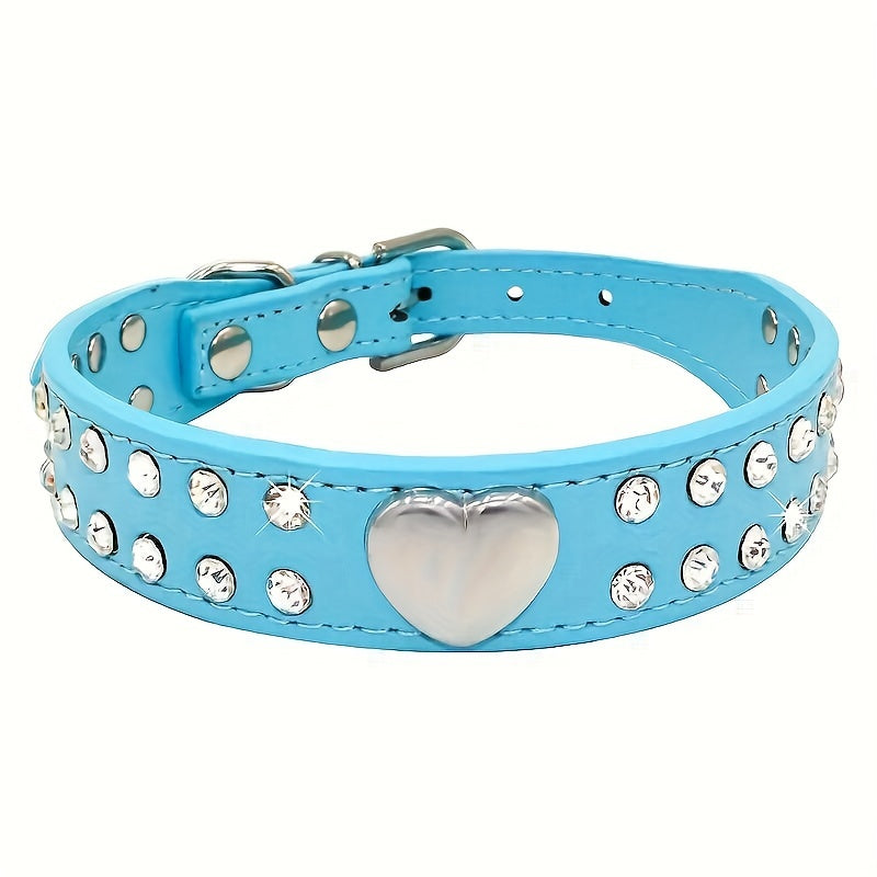 Small Dogs and Puppies Bling Heart Dog Collar - Durable Leather, Rhinestone Decor