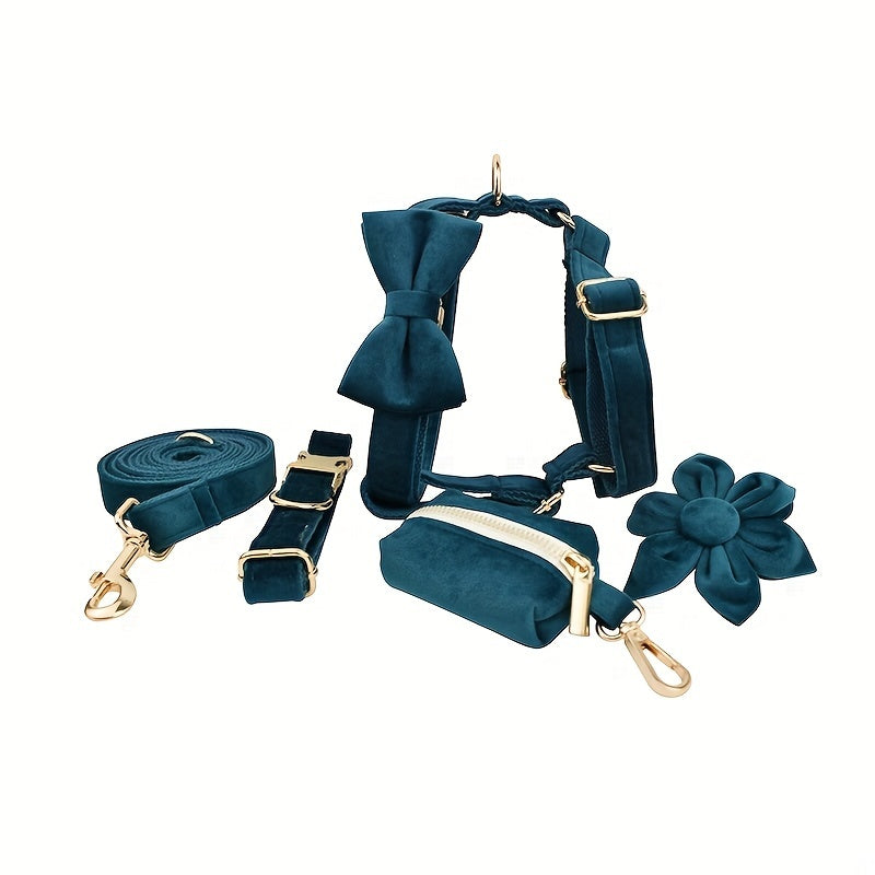 A Set Of 6 Pieces Of Dog Collar And Dog Leash Includes 1 Adjustable Soft Velvet Dog Collar, With 1 Flower, 1 Dog Leash, 1 Complimentary Poop Bag, 1 Detachable Bow Tie And A Dog Vest.