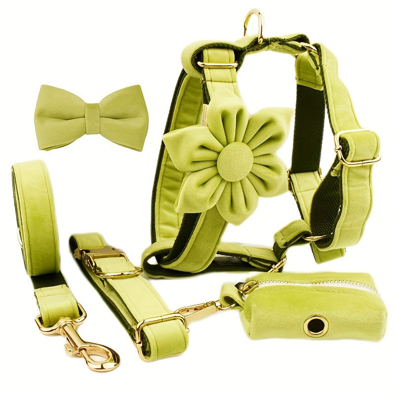 A Set Of 6 Pieces Of Dog Collar And Dog Leash Includes 1 Adjustable Soft Velvet Dog Collar, With 1 Flower, 1 Dog Leash, 1 Complimentary Poop Bag, 1 Detachable Bow Tie And A Dog Vest.