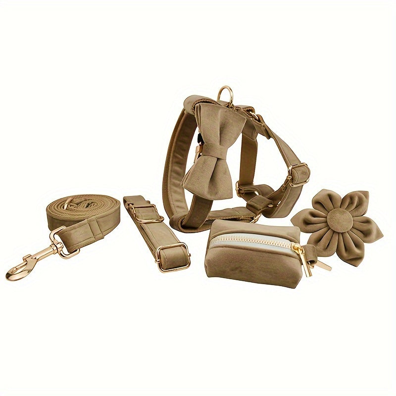A Set Of 6 Pieces Of Dog Collar And Dog Leash Includes 1 Adjustable Soft Velvet Dog Collar, With 1 Flower, 1 Dog Leash, 1 Complimentary Poop Bag, 1 Detachable Bow Tie And A Dog Vest.