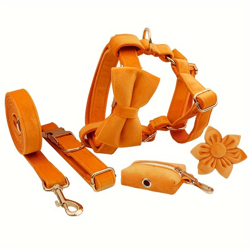 A Set Of 6 Pieces Of Dog Collar And Dog Leash Includes 1 Adjustable Soft Velvet Dog Collar, With 1 Flower, 1 Dog Leash, 1 Complimentary Poop Bag, 1 Detachable Bow Tie And A Dog Vest.