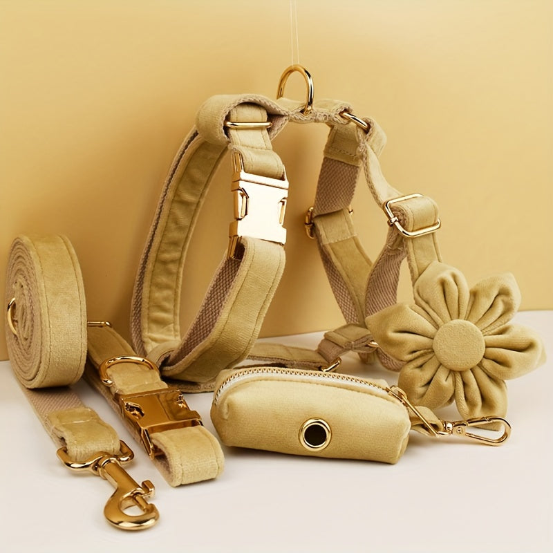 A Set Of 6 Pieces Of Dog Collar And Dog Leash Includes 1 Adjustable Soft Velvet Dog Collar, With 1 Flower, 1 Dog Leash, 1 Complimentary Poop Bag, 1 Detachable Bow Tie And A Dog Vest.