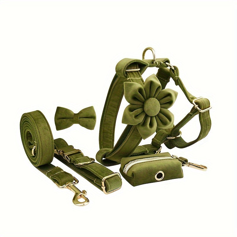 A Set Of 6 Pieces Of Dog Collar And Dog Leash Includes 1 Adjustable Soft Velvet Dog Collar, With 1 Flower, 1 Dog Leash, 1 Complimentary Poop Bag, 1 Detachable Bow Tie And A Dog Vest.
