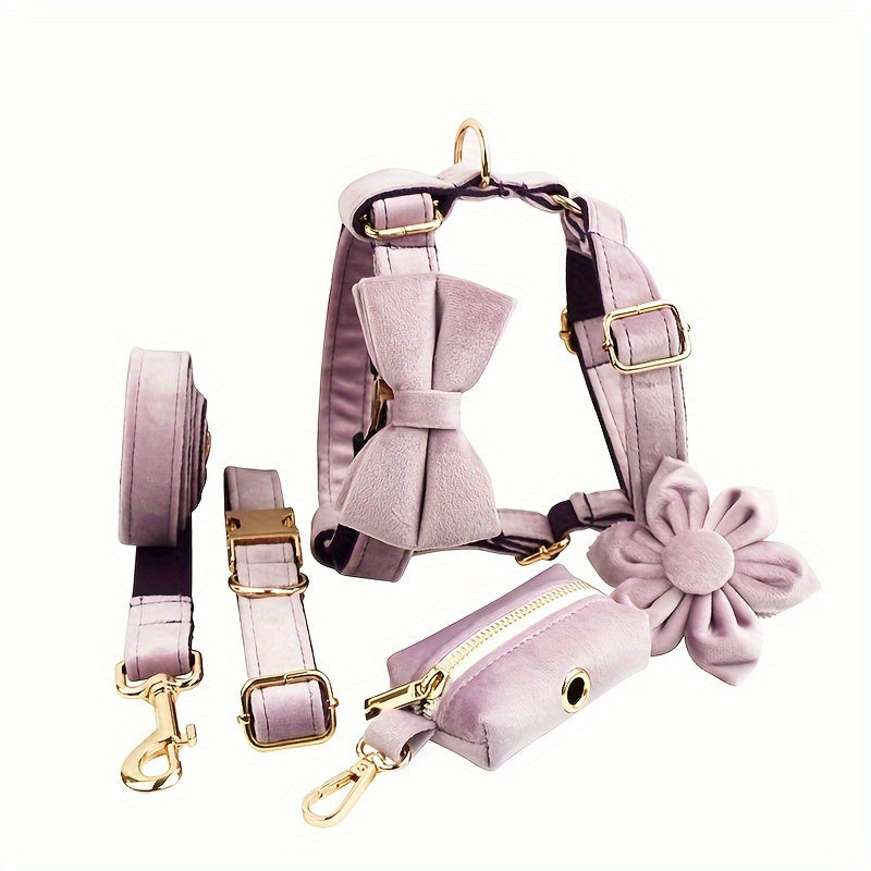 A Set Of 6 Pieces Of Dog Collar And Dog Leash Includes 1 Adjustable Soft Velvet Dog Collar, With 1 Flower, 1 Dog Leash, 1 Complimentary Poop Bag, 1 Detachable Bow Tie And A Dog Vest.